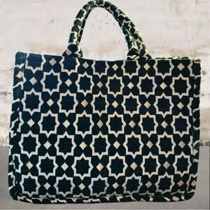 Moroccan Geometric Print Fabric Tote Bag in White and Green